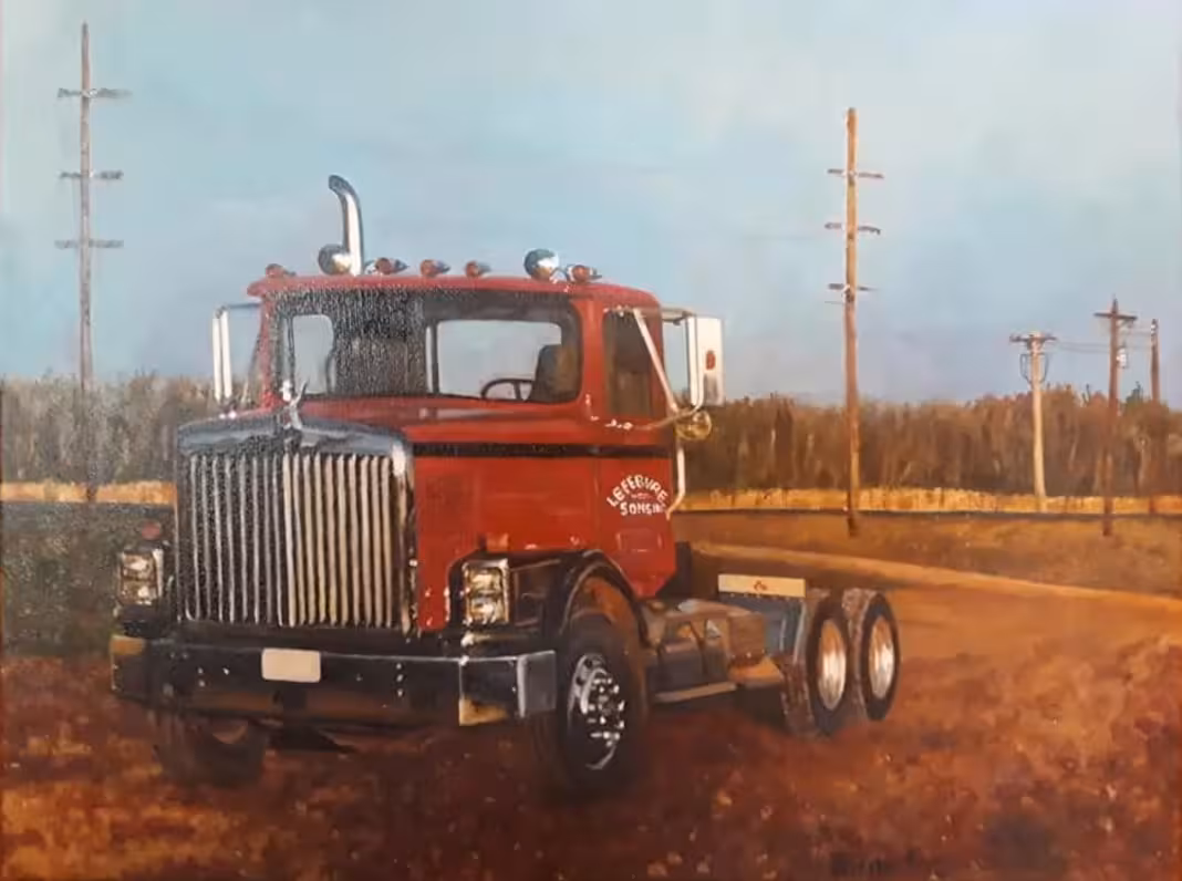painting of a red semi-truck in  a field